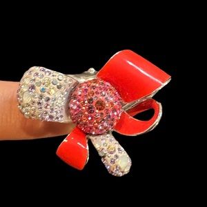 Swarovski red white bow ribbon statement silver ring 52 6